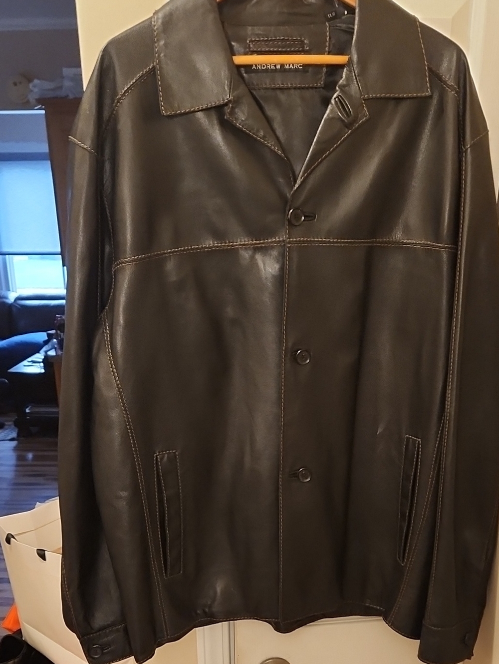 Andrew Marc Men's Dark Brown Leather Button-Front 3 Quarter Lenght Coat.